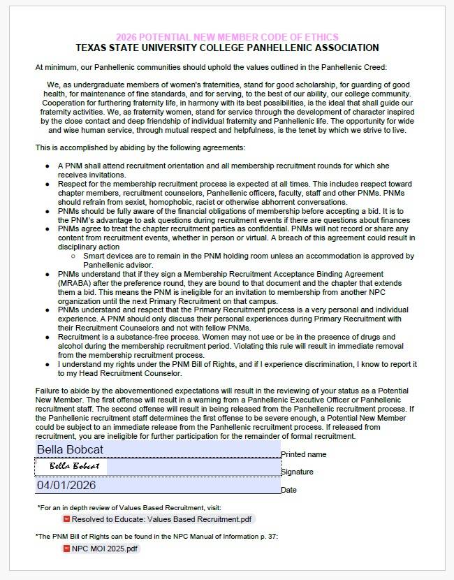 Filled out form example for PNM Code of Ethics