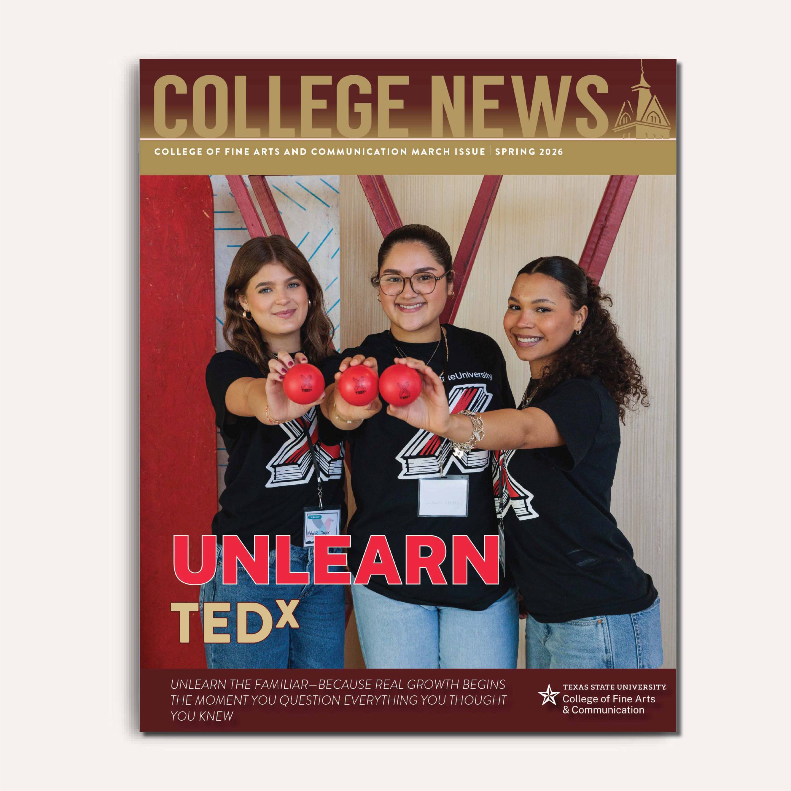 Three students hold red balls at the TedX event