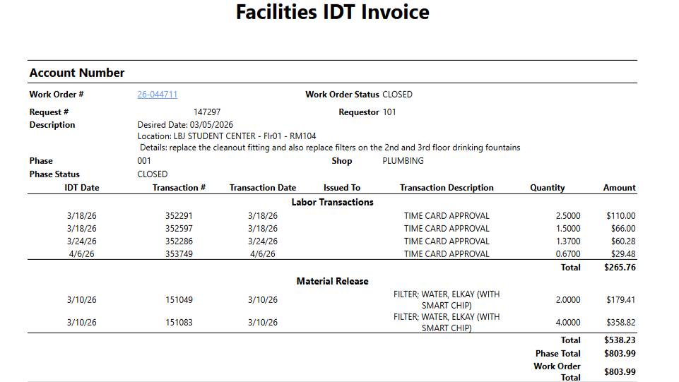 Preview of the customer billing report by work order number