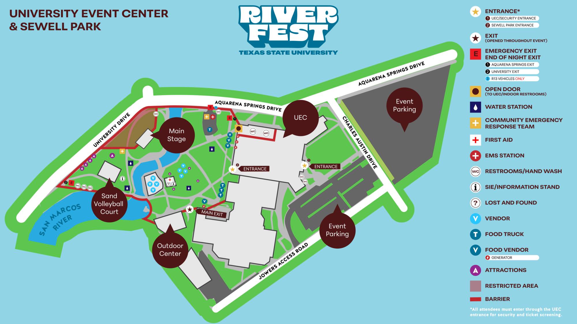 River Fest - Full Map: Sewell Park, University Events Center, and Parking