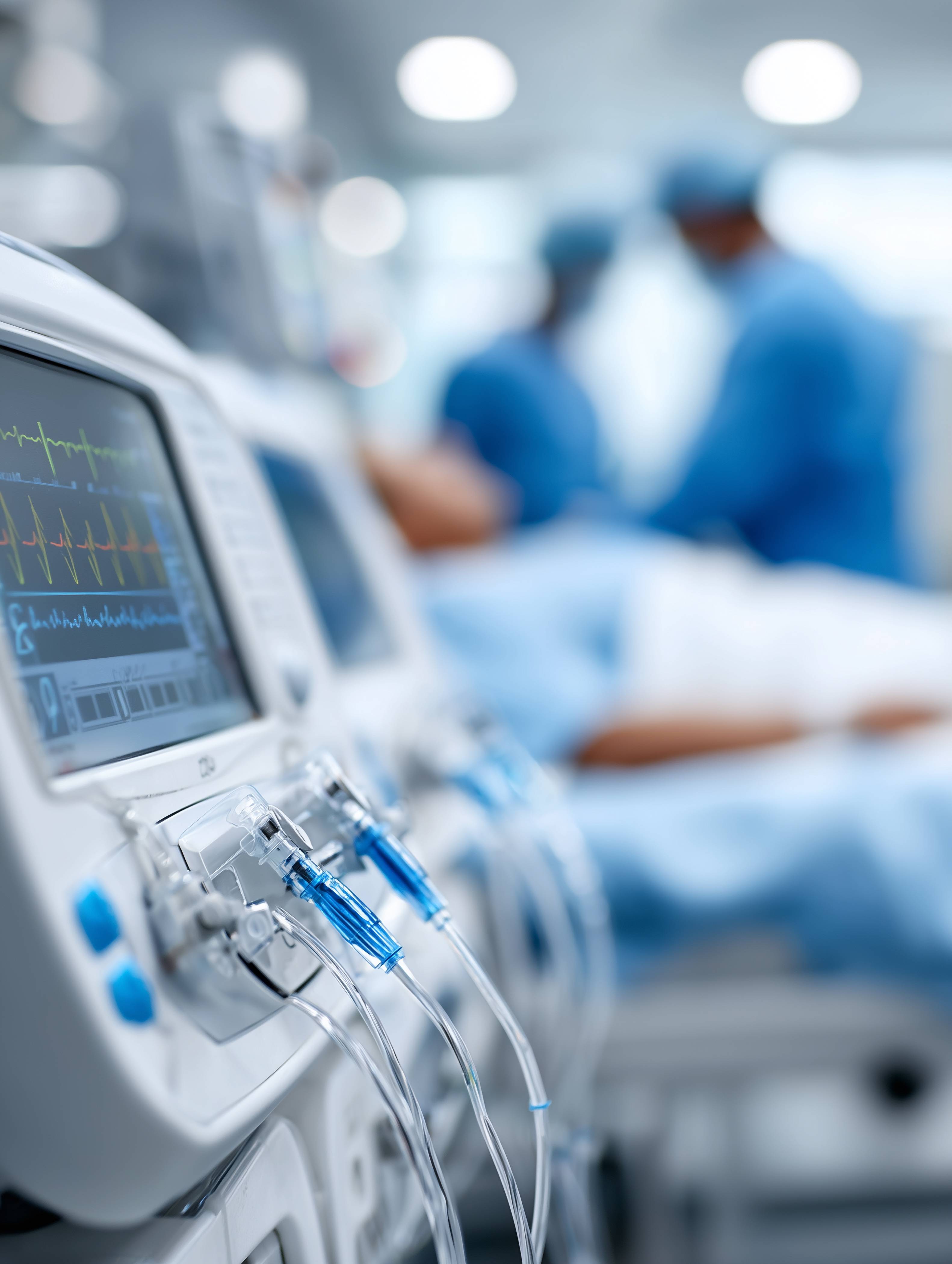 closeup on ekg machine with doctors blurred in background