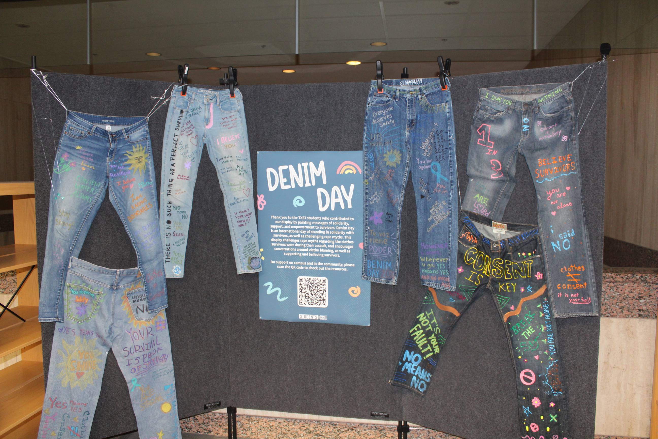 A denim display for sexual awareness month.