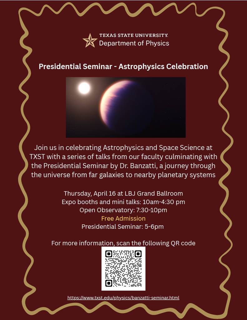 Flyer for the Presidential Seminar Astrophysics Celebration