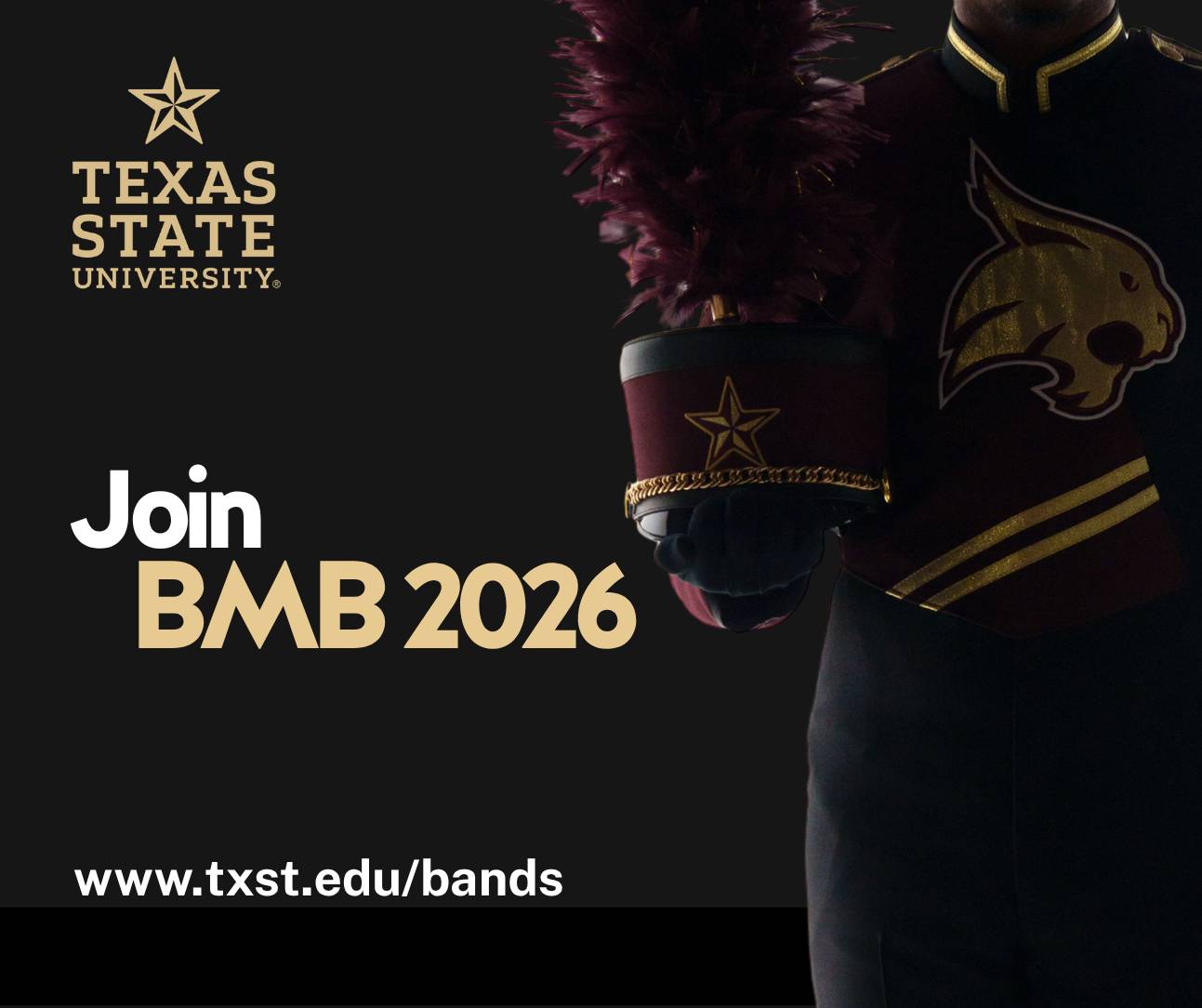 Image of a band member in uniform holding their band hat