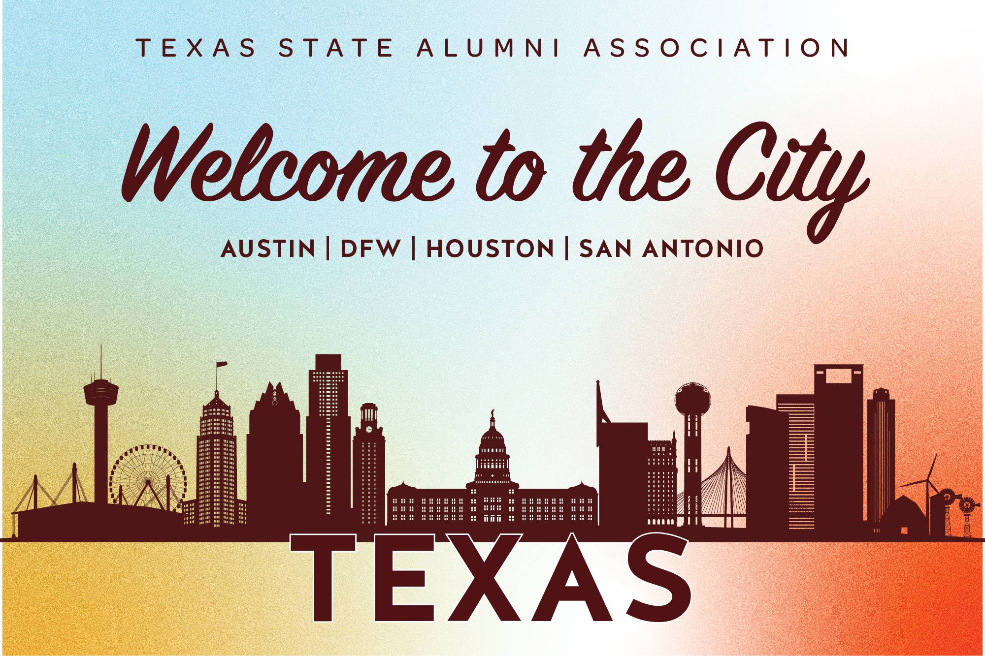 Welcome to the City graphic with Texas skyline including Austin, Dallas Fort-Worth, Houston, and San Antonio