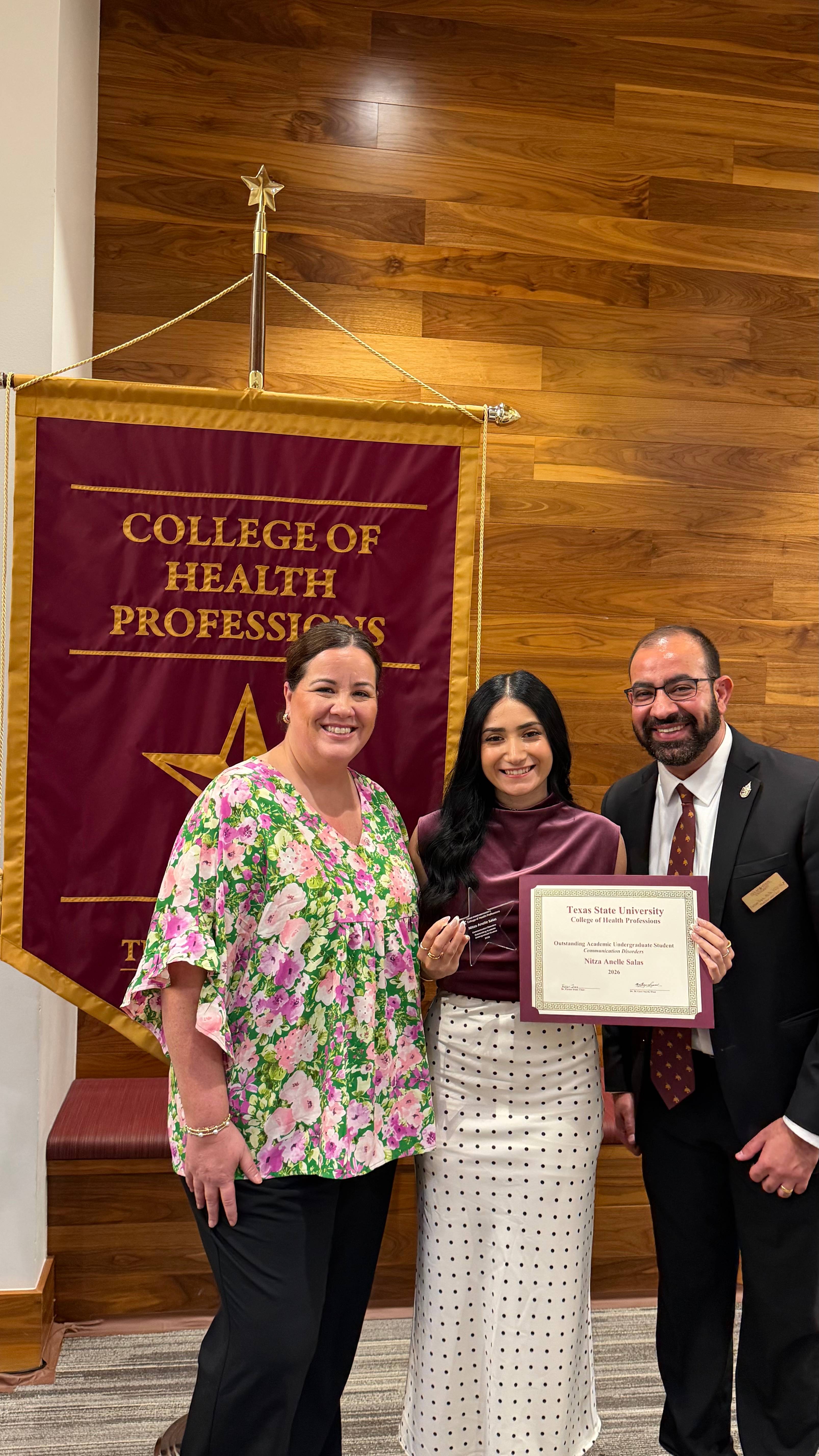 Ms. Salas standing next to Assistant Professor of Instruction, Ms. Eisenbach and CDIS Chair and Professor, Mr. Irani