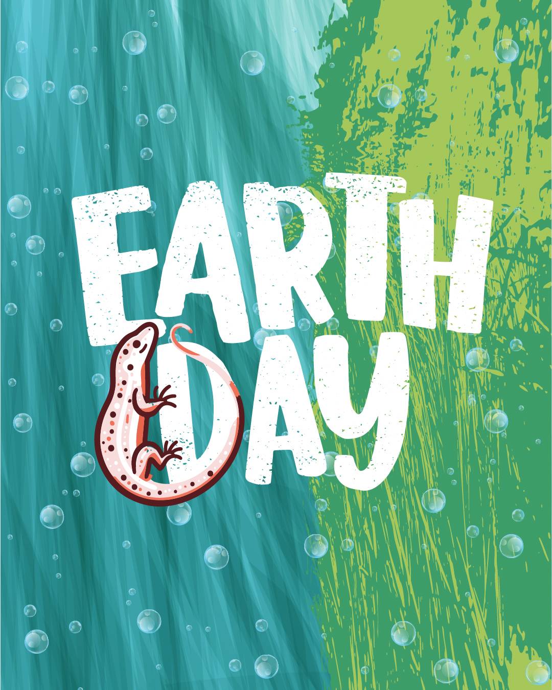 Illustrated graphic of the river water and wild rice grass with text on top reading "Earth Day" with a blind salamander