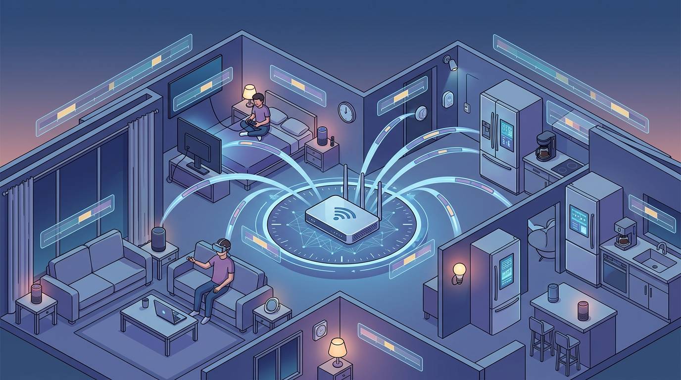 Illustration of an AI‑managed home Wi‑Fi network.