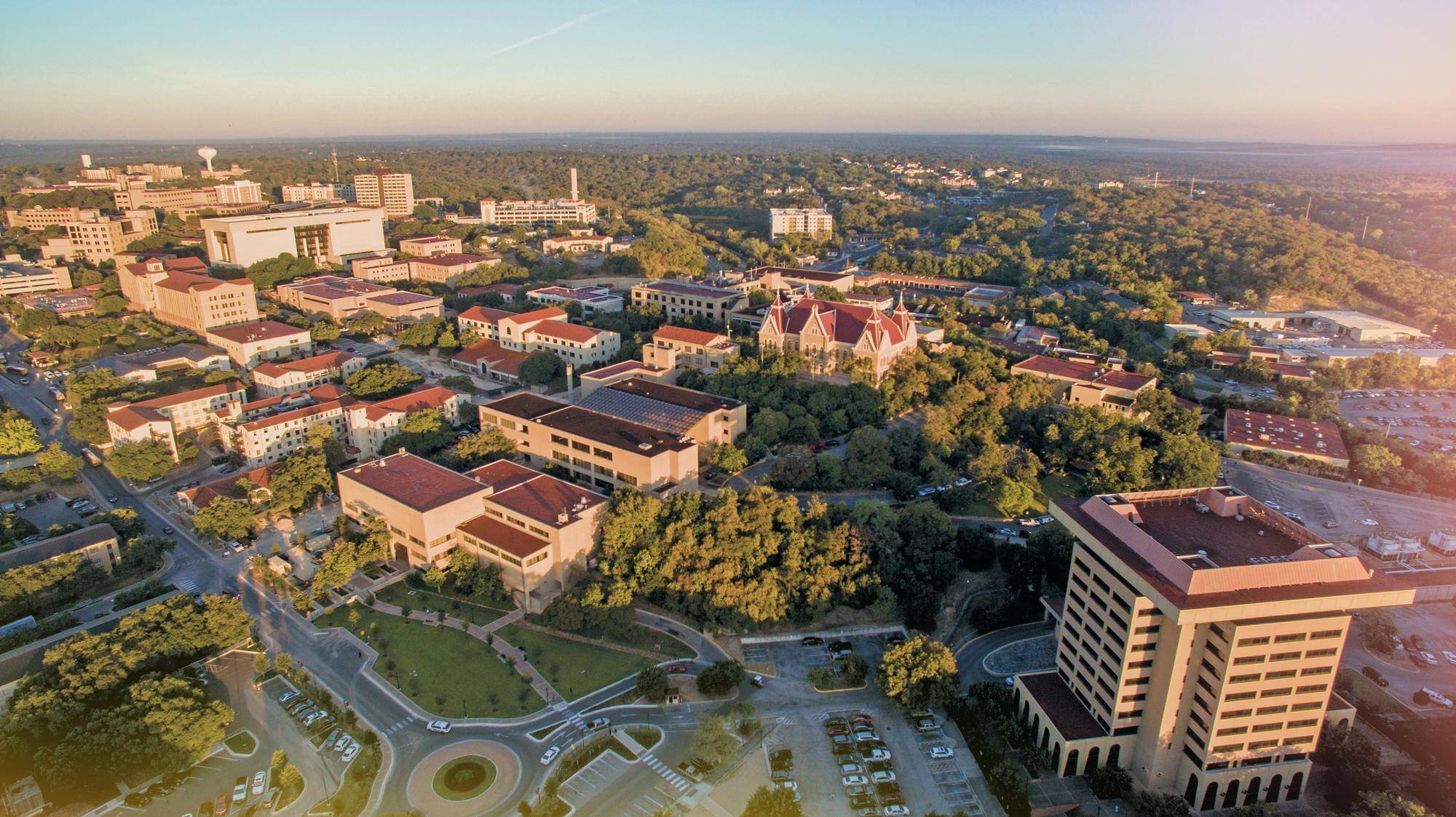 an aerial photo of Texas State's San Marcos campus