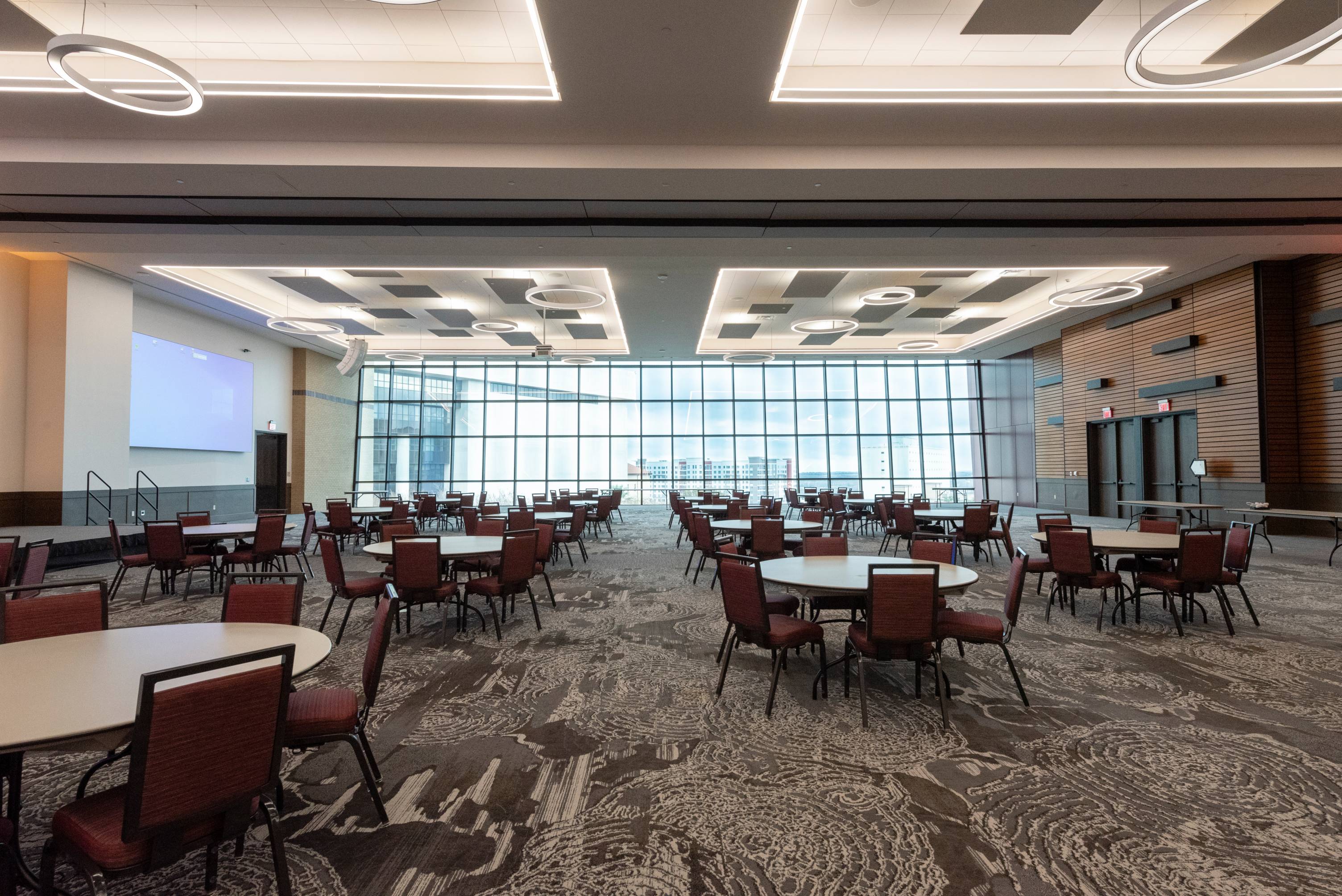 Tables and chairs set up for an event