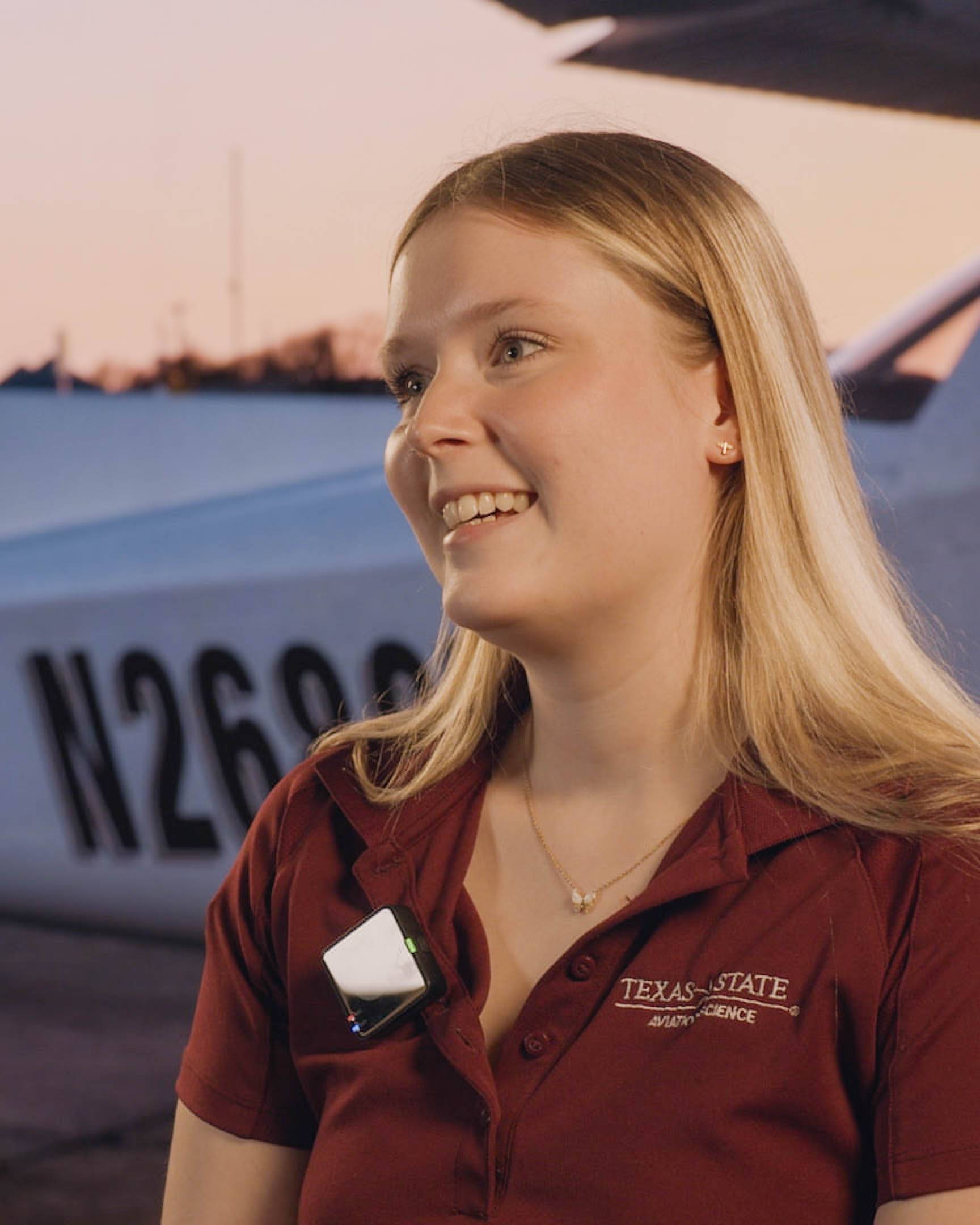 Molly Deupree smiles during an aviation interview