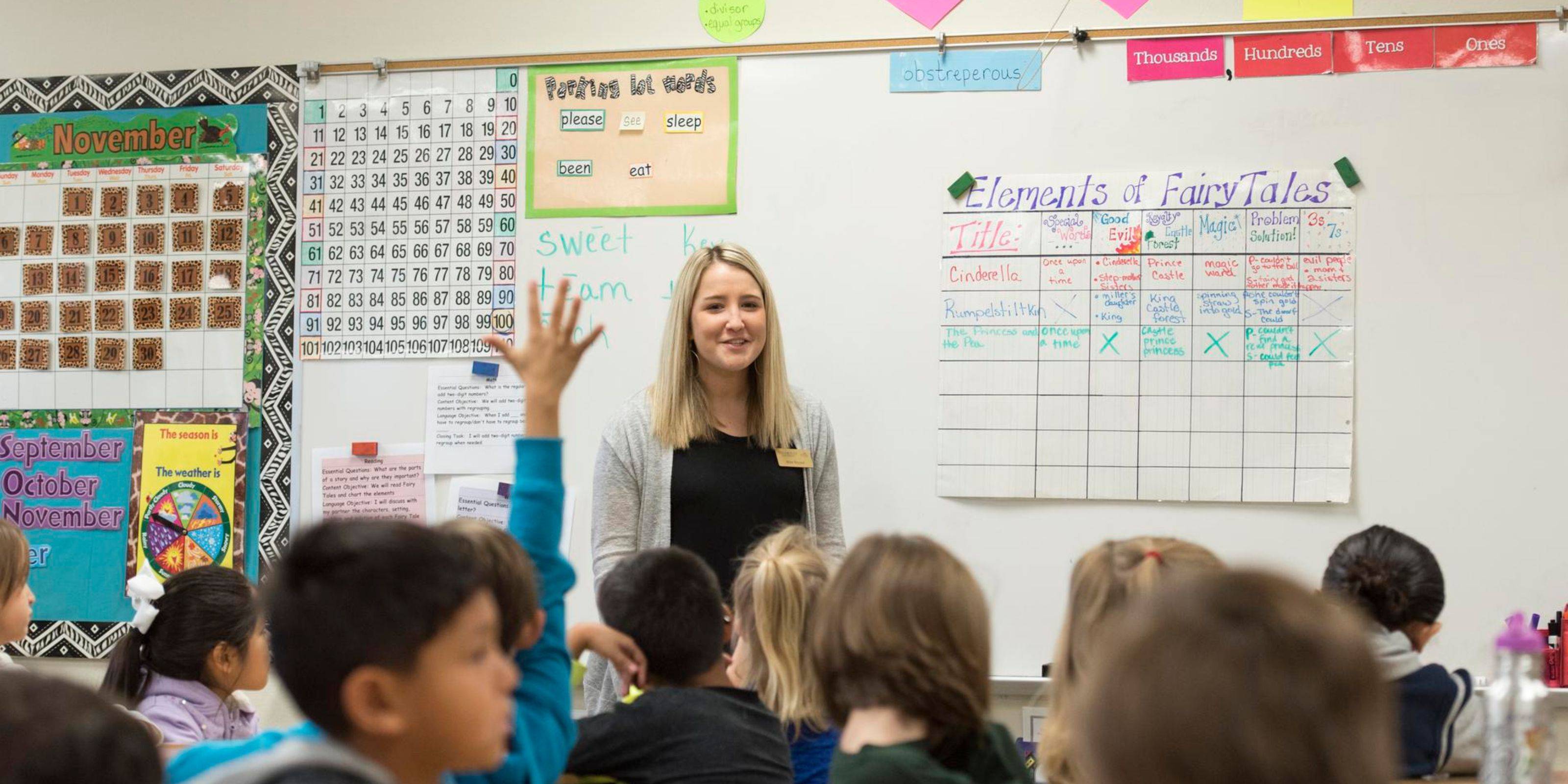 a teacher talking to a room full of students