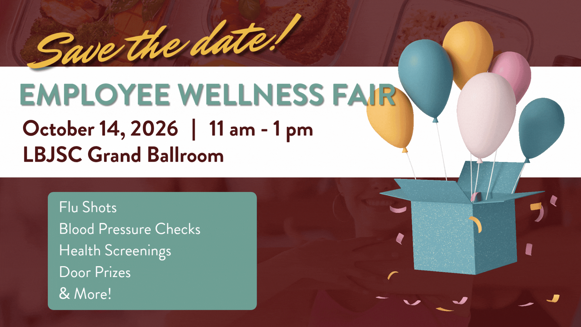 save the date for the employee wellness fair, october 13, 2026 from 11am-1pm