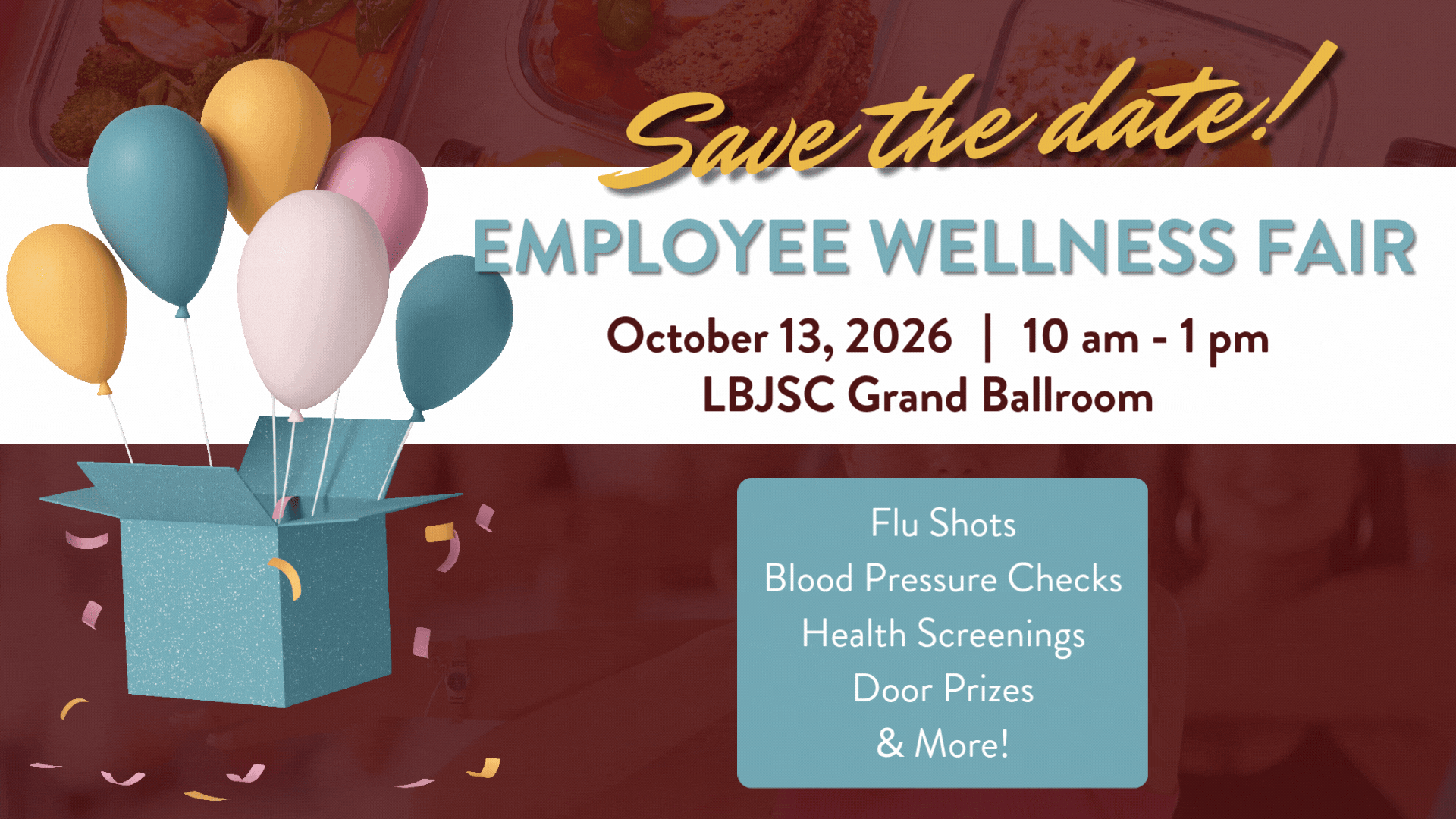 save the date for the employee wellness fair, october 13, 2026 from 11am-1pm