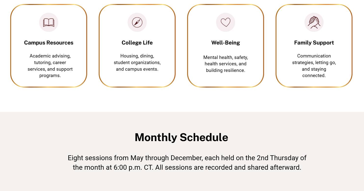 The four pillars of student success and mention that the webinar schedule is monthly at 6:00 p.m. on the second Thursday of each month May through December.