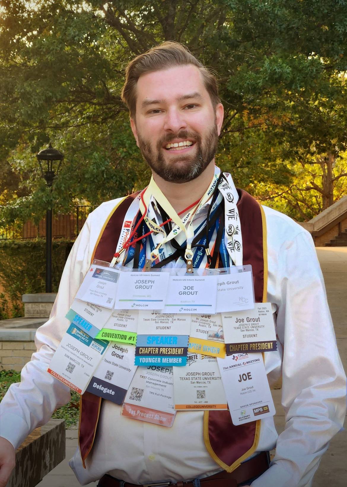 student with badges