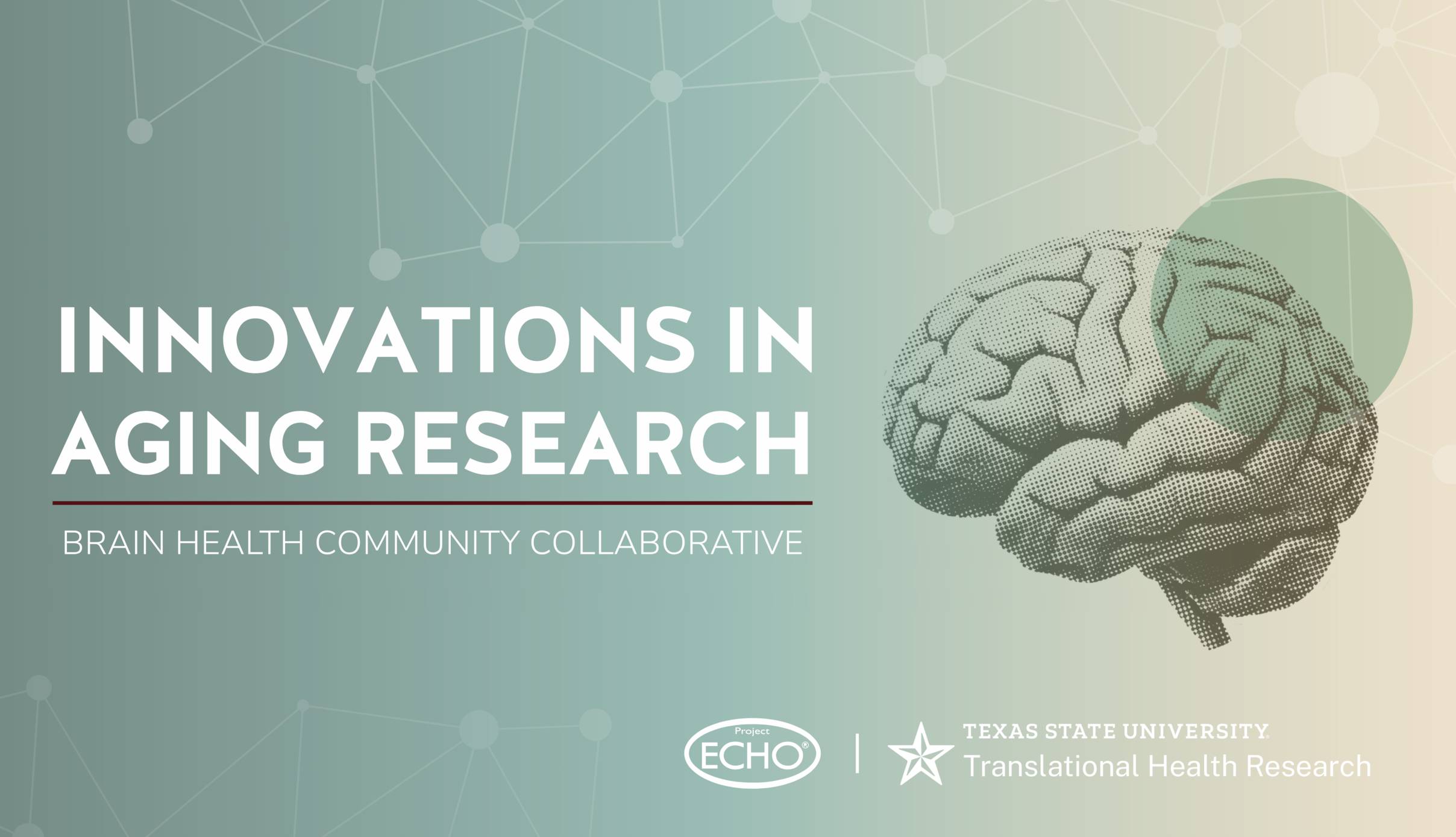 Title slide for a Brain Health Community Collaborative presentation. Large white text reads “Innovations in Aging Research” on a soft blue-green gradient background with abstract network lines and nodes. Below the title, smaller text reads “Brain Health Community Collaborative.” A stylized illustration of a brain appears on the right side. The bottom right corner includes the Project ECHO logo and the Texas State University Translational Health Research logo.