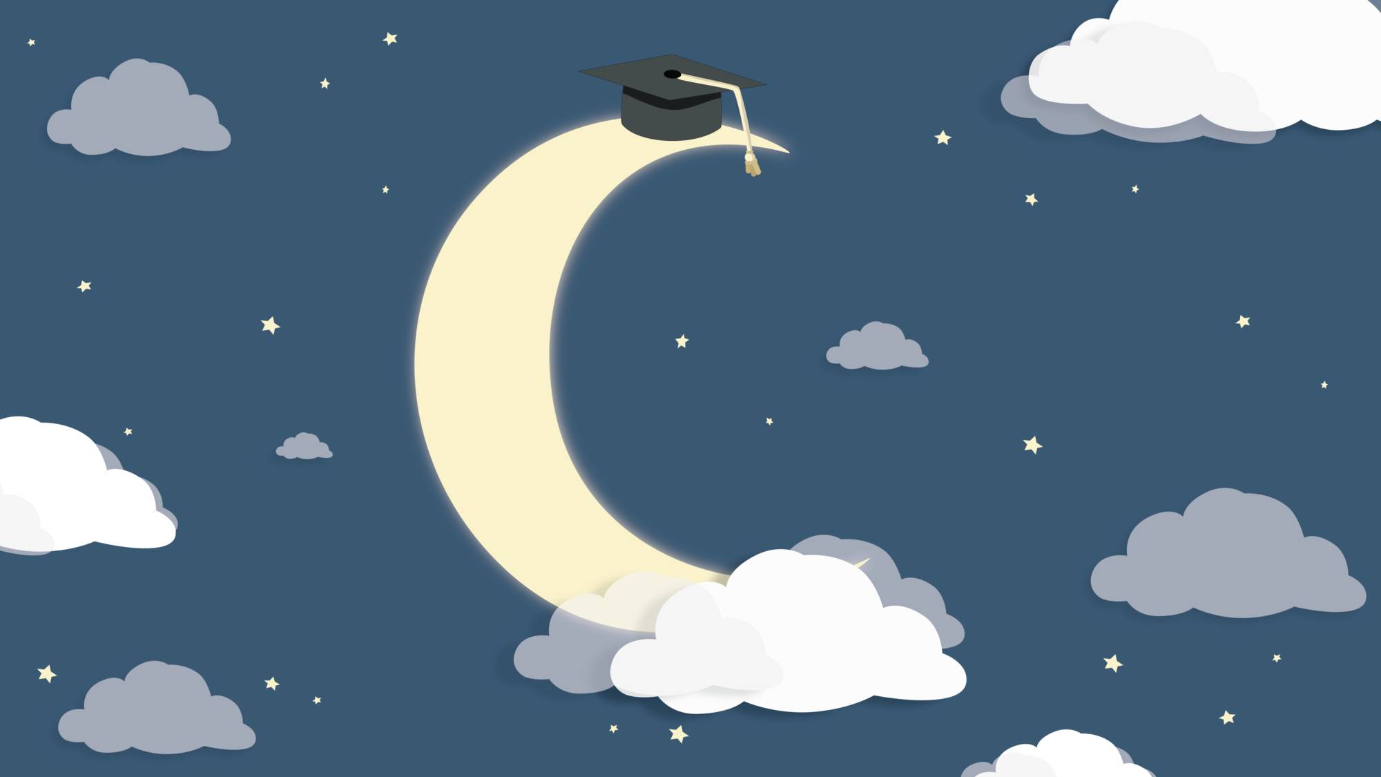 Image of a smiling moon holding a diploma