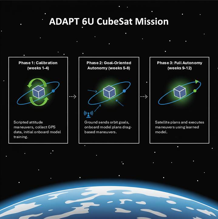 Diagram showing three phases of the ADAPT 6U CubeSat mission