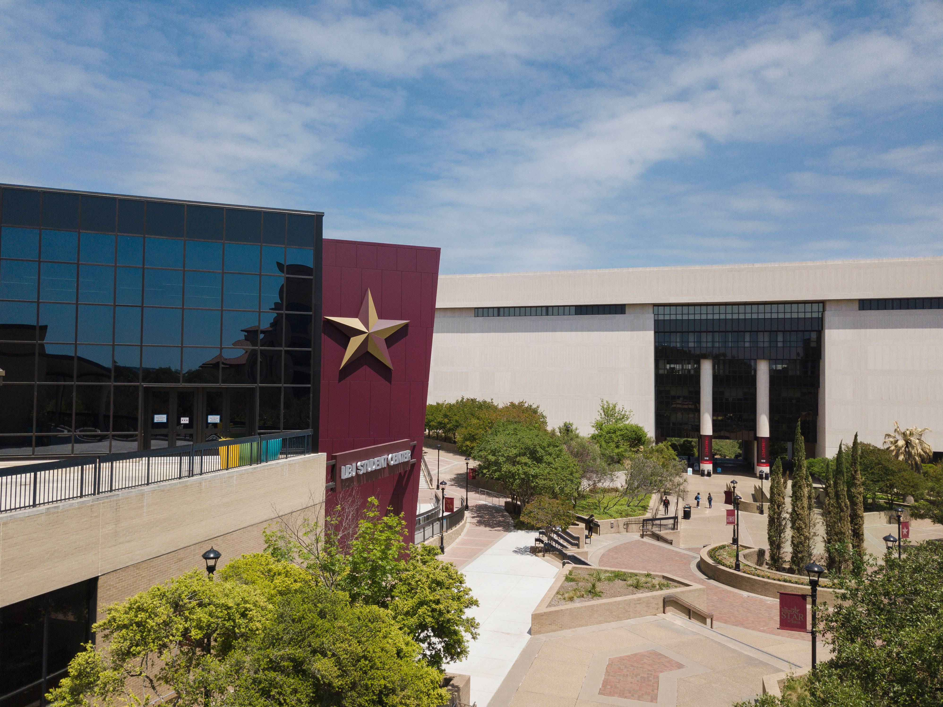 exterior view of LBJ Student Center and Alkek Library