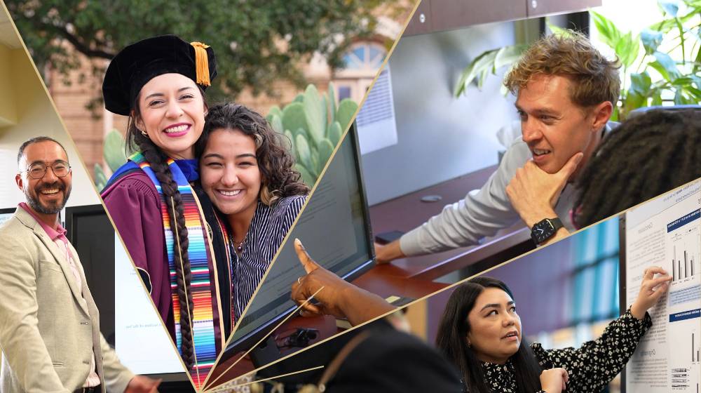 A collage of a professor teaching, two students posing for graduation photos, a funding coordinator in a meeting with a student, and a student at a conference. 