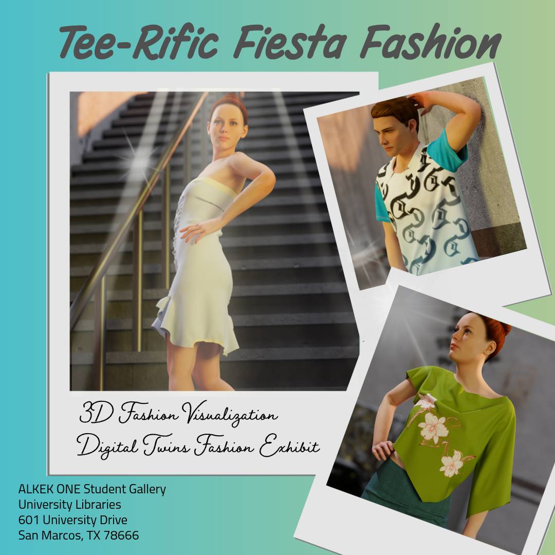 Fashion Merchandising students created Fiesta-inspired fashion designs using 3D fashion visualization. Three designs are showcased in the image. 