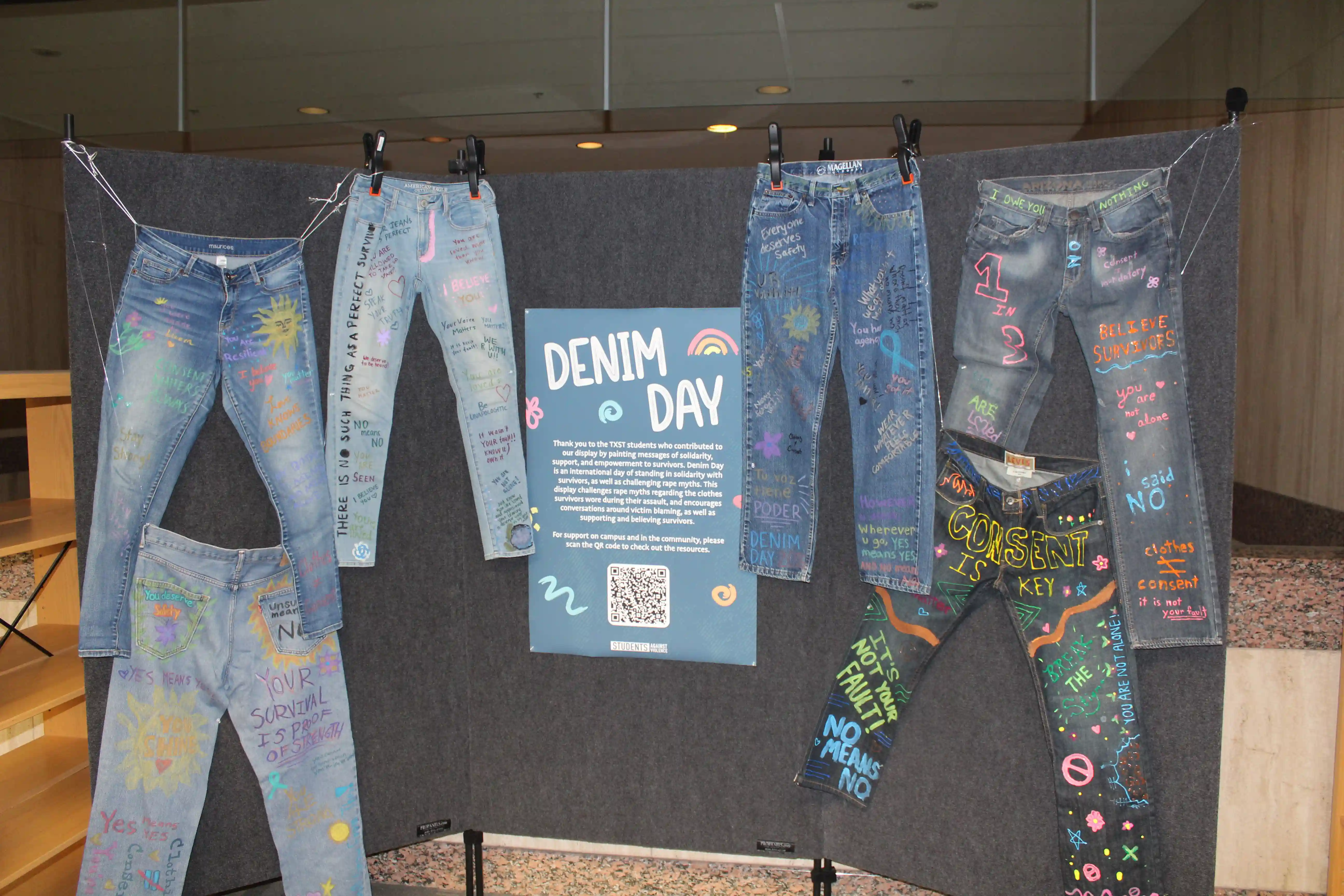 A denim display for sexual awareness month.