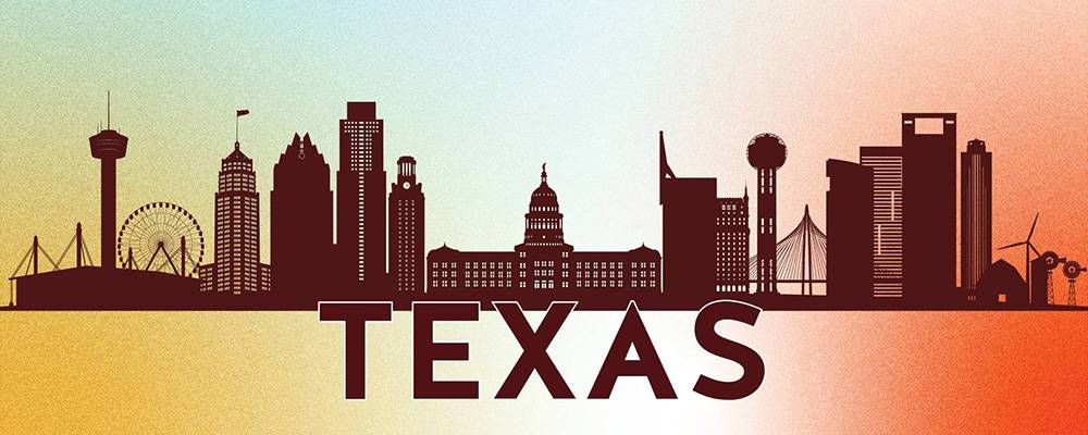 Colorful graphic featuring skylines of multiple Texas cities and the word "Texas" in large text