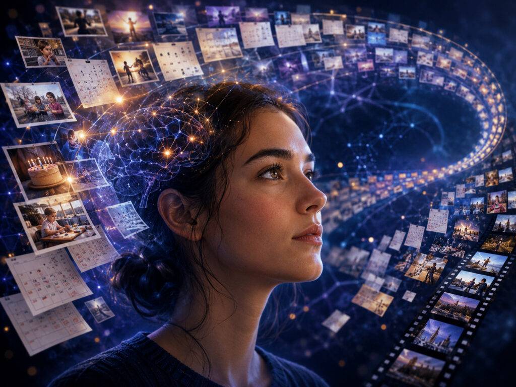 A young woman looks thoughtfully into the distance as glowing images, calendars, and film strips swirl around her head in a futuristic spiral, symbolizing memory, time, and the connection between personal experiences and the brain.