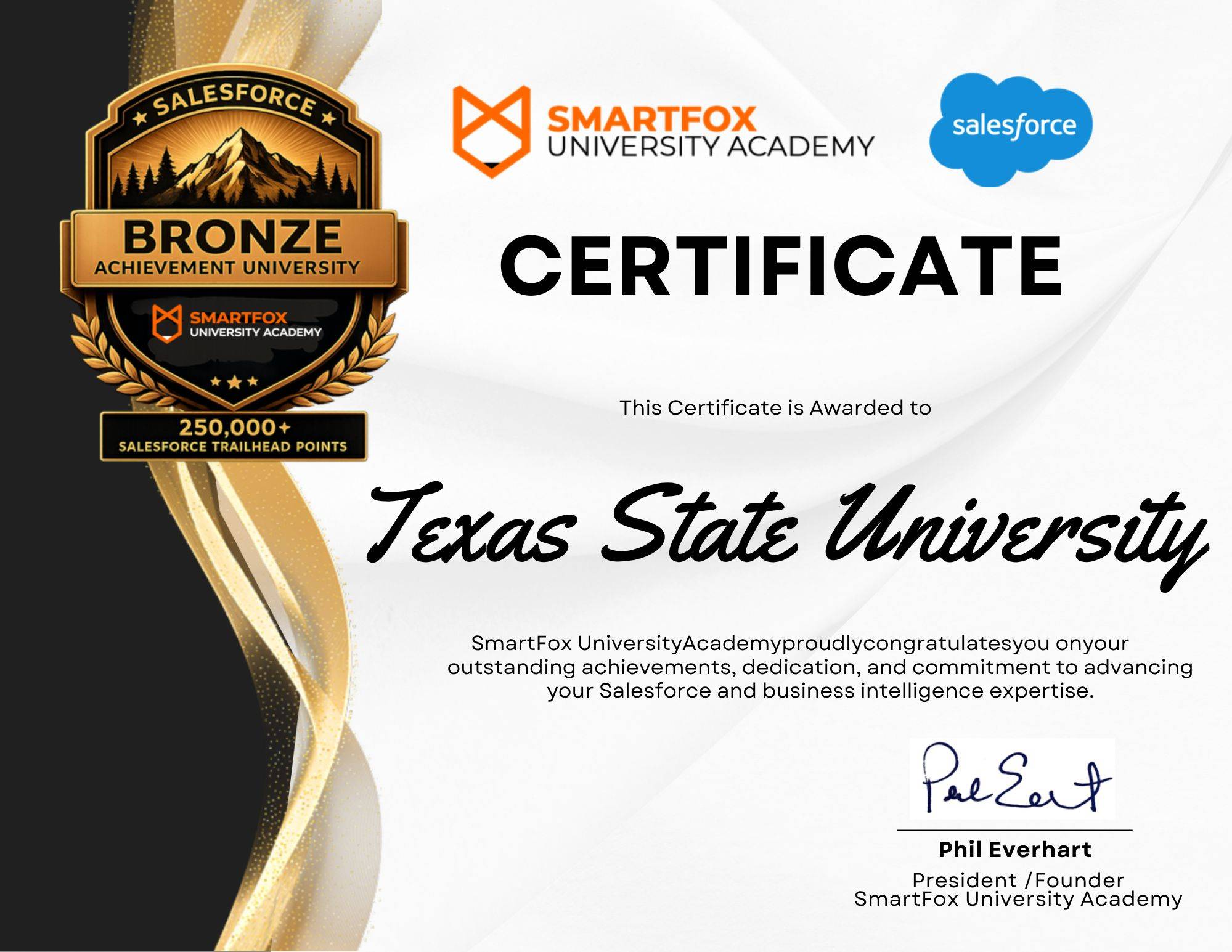 bronze certification awarded to texas state university from smartfox university academy