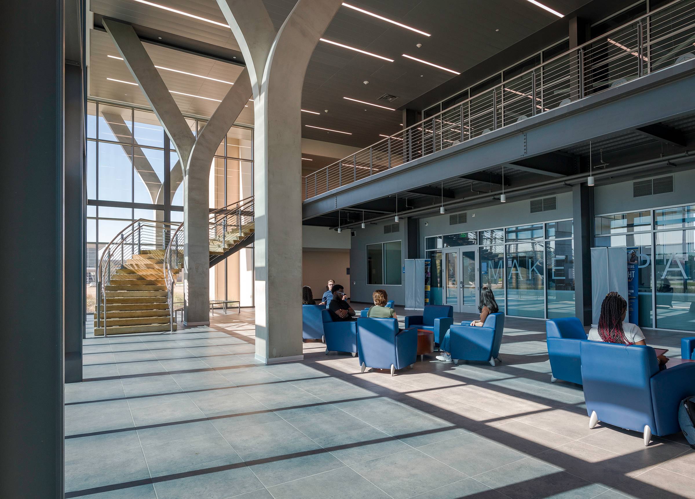 interior of campus building with students seated