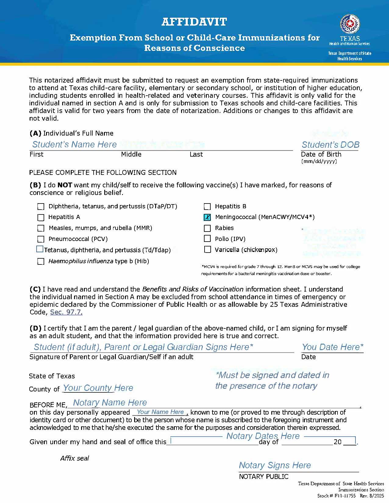 Image of an example of the Affidavit for Exemption from School or Childcare Immunizations for Reasons of Conscience