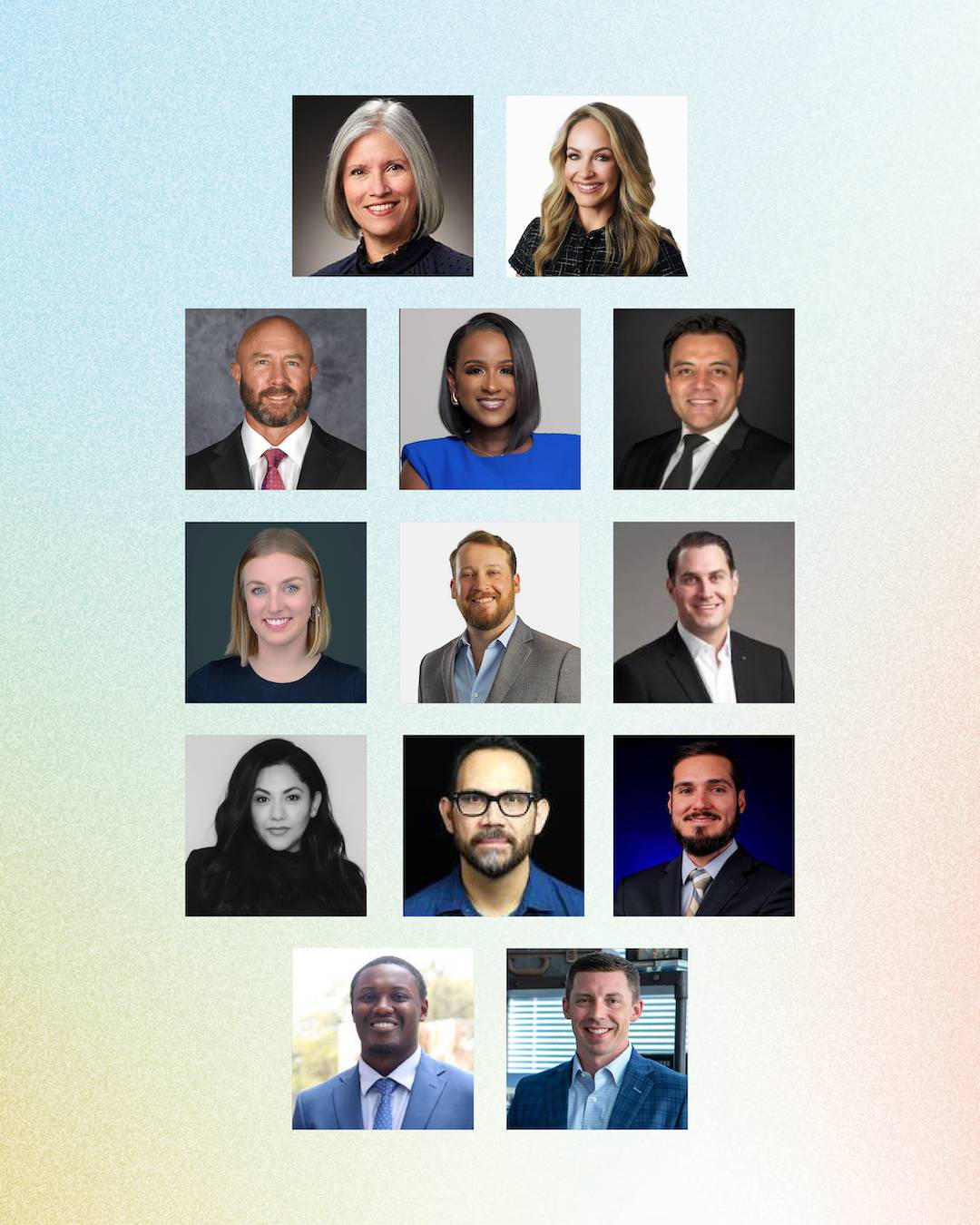Multi-colored graphic with headshots of the thirteen speakers that will attend the Welcome to the City events across Texas
