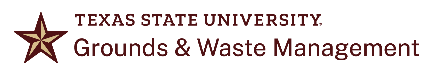 A gold and maroon star with the words Texas State University Grounds & Waste Management next to it