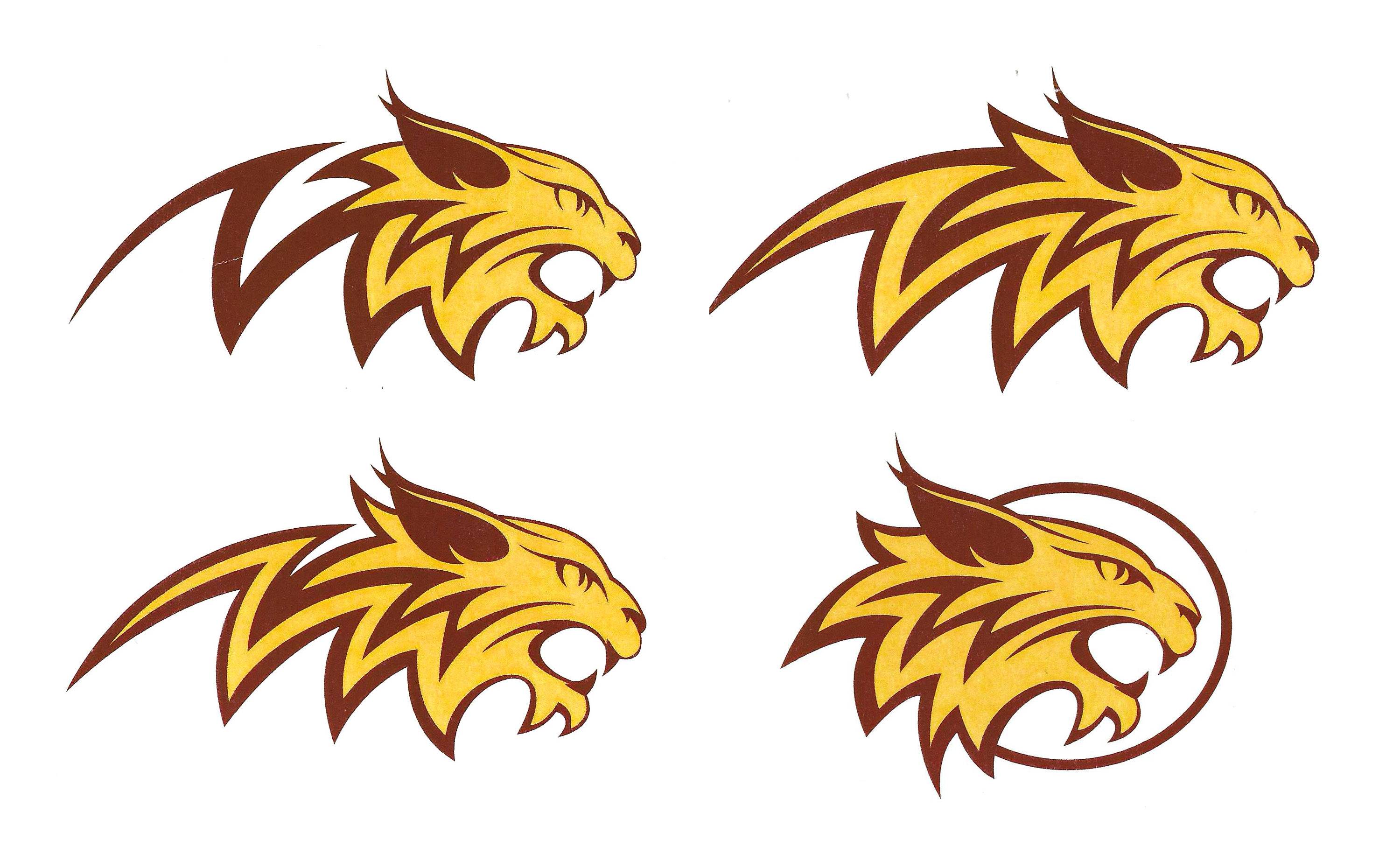 Four early sketches of the supercat in maroon and yellow.