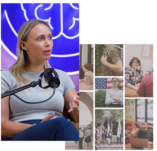 Collage featuring a Dr. Kelly Clary speaking into a microphone alongside photos of veterans, military flags, community events, and BRAVE program participants.