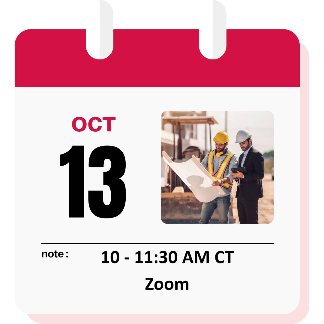 Calendar-style promotional graphic highlighting a Zoom webinar on October 13. The design features a large "13," an image of two construction professionals reviewing blueprints at a job site, and event details reading 10:00–11:30 AM CT and Zoom. The layout resembles a desktop calendar with a red header and white background.