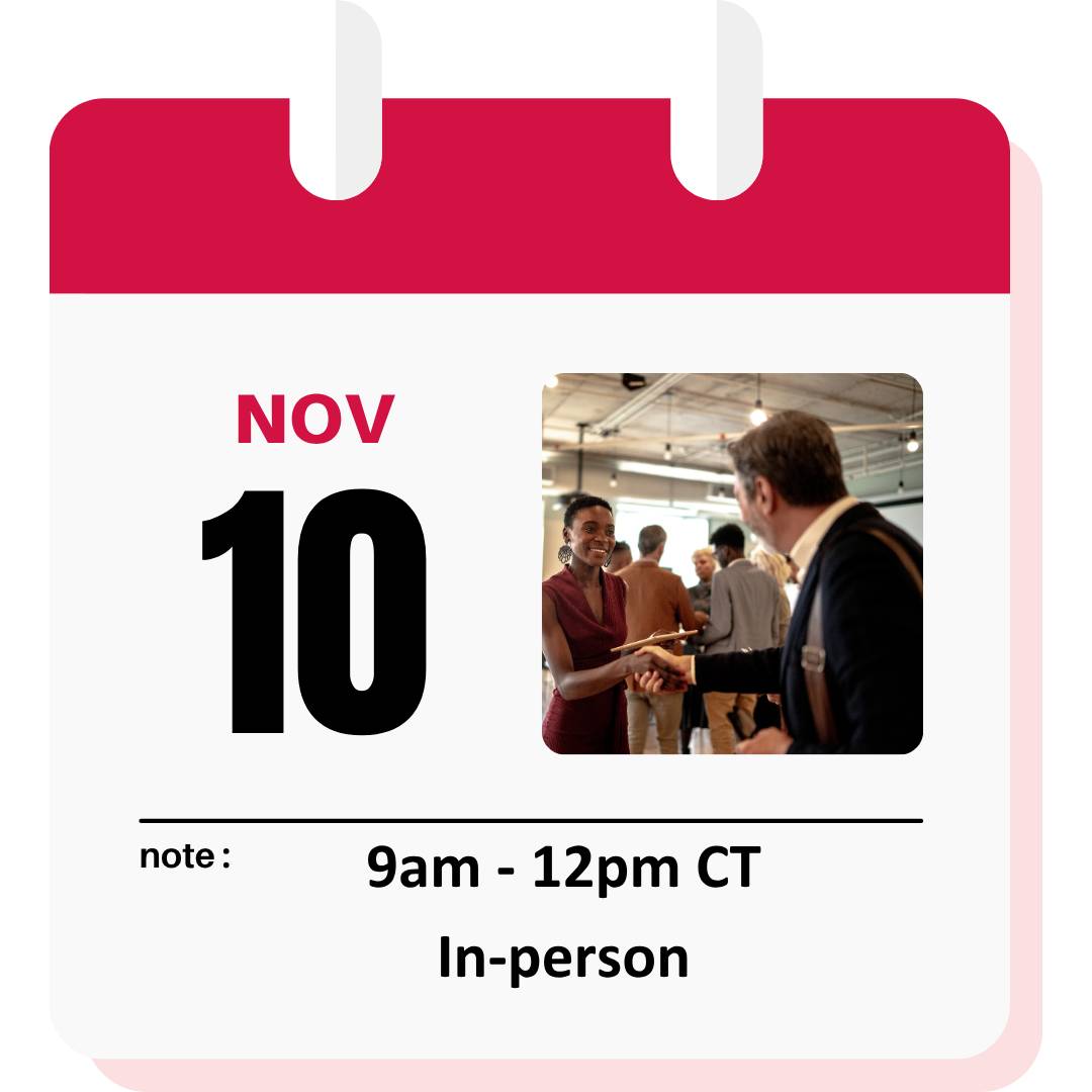 Calendar-style promotional graphic highlighting an in-person workshop on November 10. The design features a large "10," a photo of professionals greeting each other at a networking event, and event details reading 9:00 AM–12:00 PM CT and In-person. The layout resembles a desktop calendar with a red header and white background.