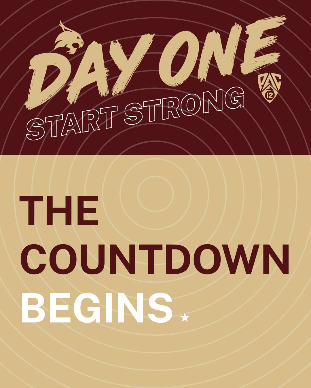 Maroon and gold "day one, start strong" graphic, with text reading "the countdown begins"