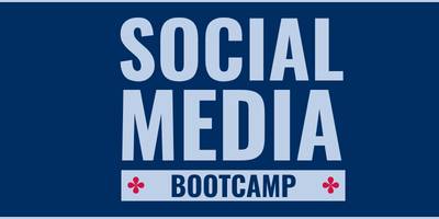 Graphic with a dark blue background featuring the words “Social Media” in large light blue letters and “Bootcamp” below in a light blue banner with small red decorative icons on each side. The simple, high-contrast design promotes a social media training or educational program.