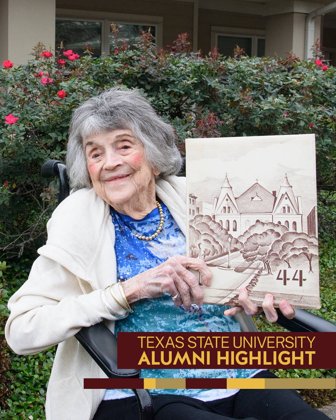 Janie Strother holding a 1944 Texas State pedagog