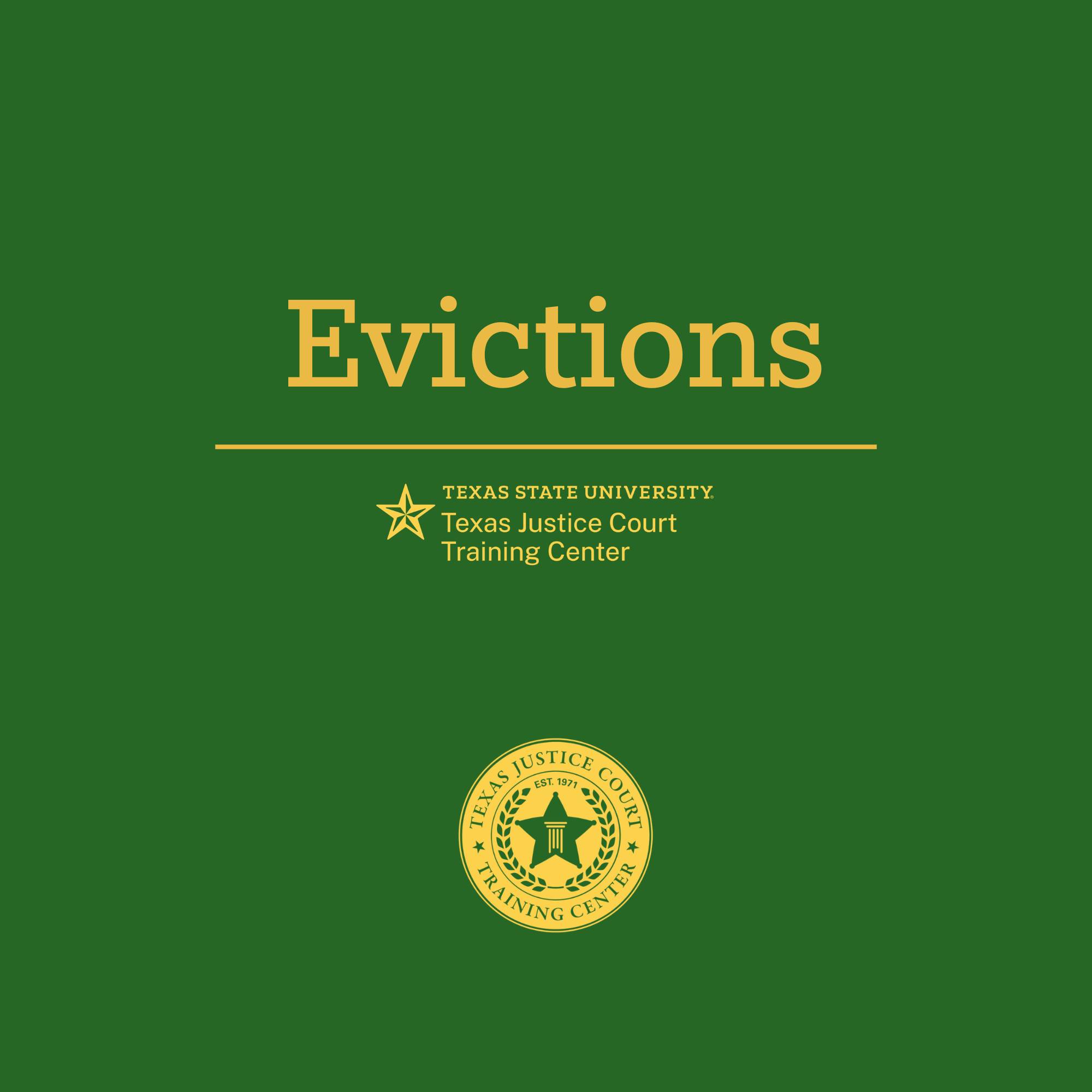 A book cover displaying the title "Evictions" and the author "Texas Justice Court Training Center" 
