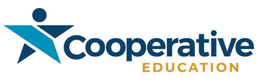 An alternative logo for Cooperative Education featuring a multi-layered, block-style letter "C" in shades of orange, yellow, and blue with a matching geometric topper, accompanied by the text "Cooperative Education" in purple and brown.