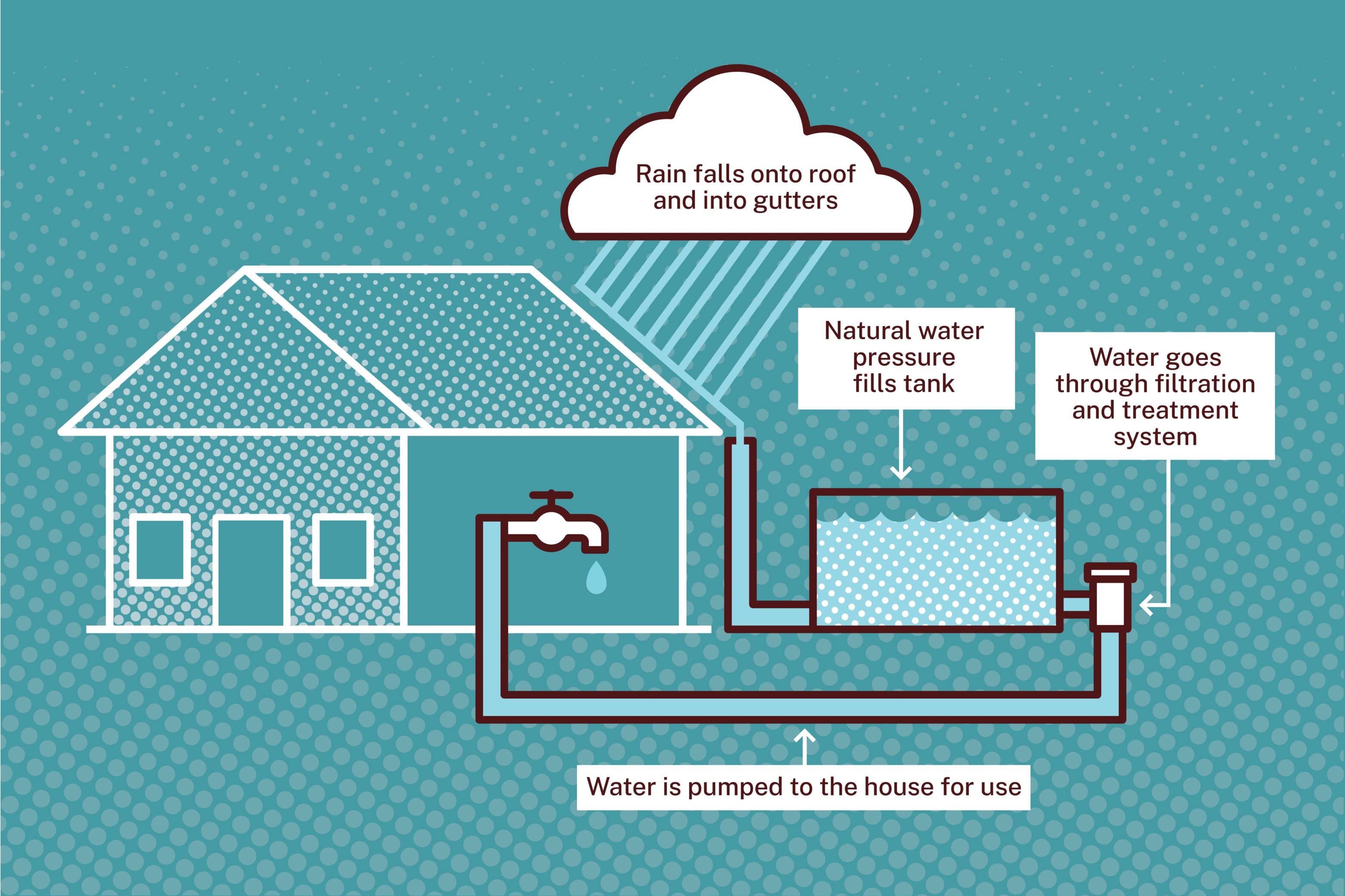 A teal illustrated graphic depicts a house. Above the house there is a cloud raining on it. It says "Rain falls onto roof and into gutters." Rain is flowing into a gutter and pipes that lead to a box representing a water tank. Description: "Natural water pressure fills tank." A pipe from the tank leads to a small box. Description: "Water goes through filtration and treatment system." A pipe from the filter box goes underground and leads back to the house, up into it to a drawing of a faucet with a drop of water coming out. Description: "Water is pumped to the house for use."