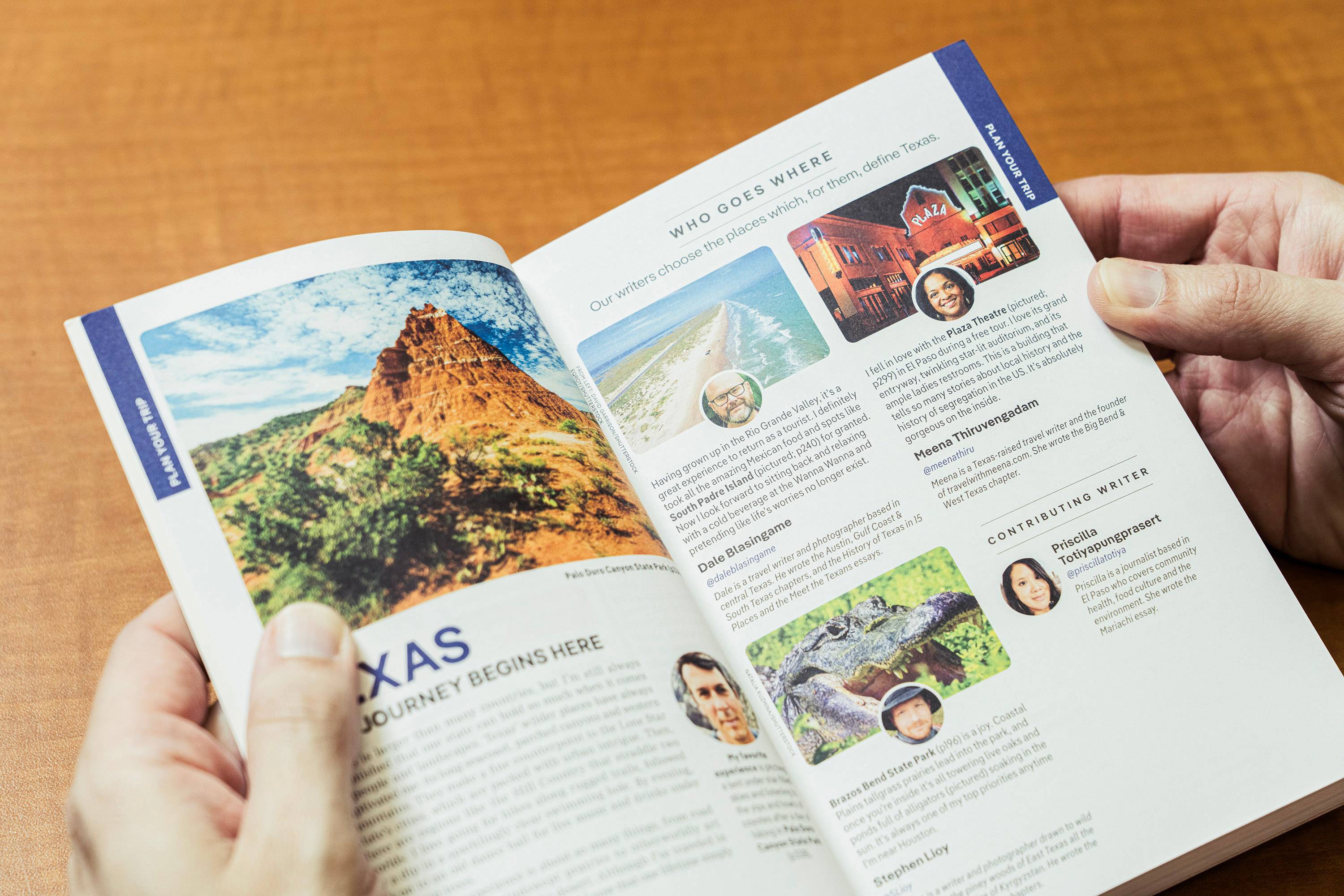 Inside of the book Lonely Planet Texas. On a page is Dale Blasingame's photo and bio.