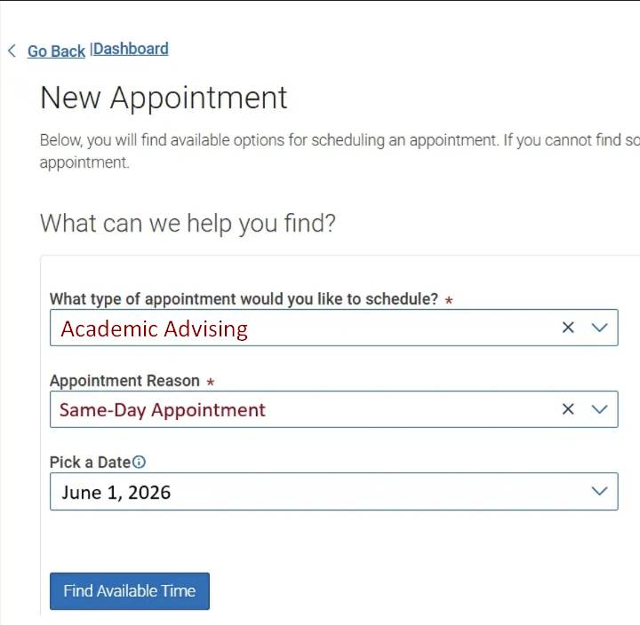 Academic Advising Same Day Appointment Screenshot