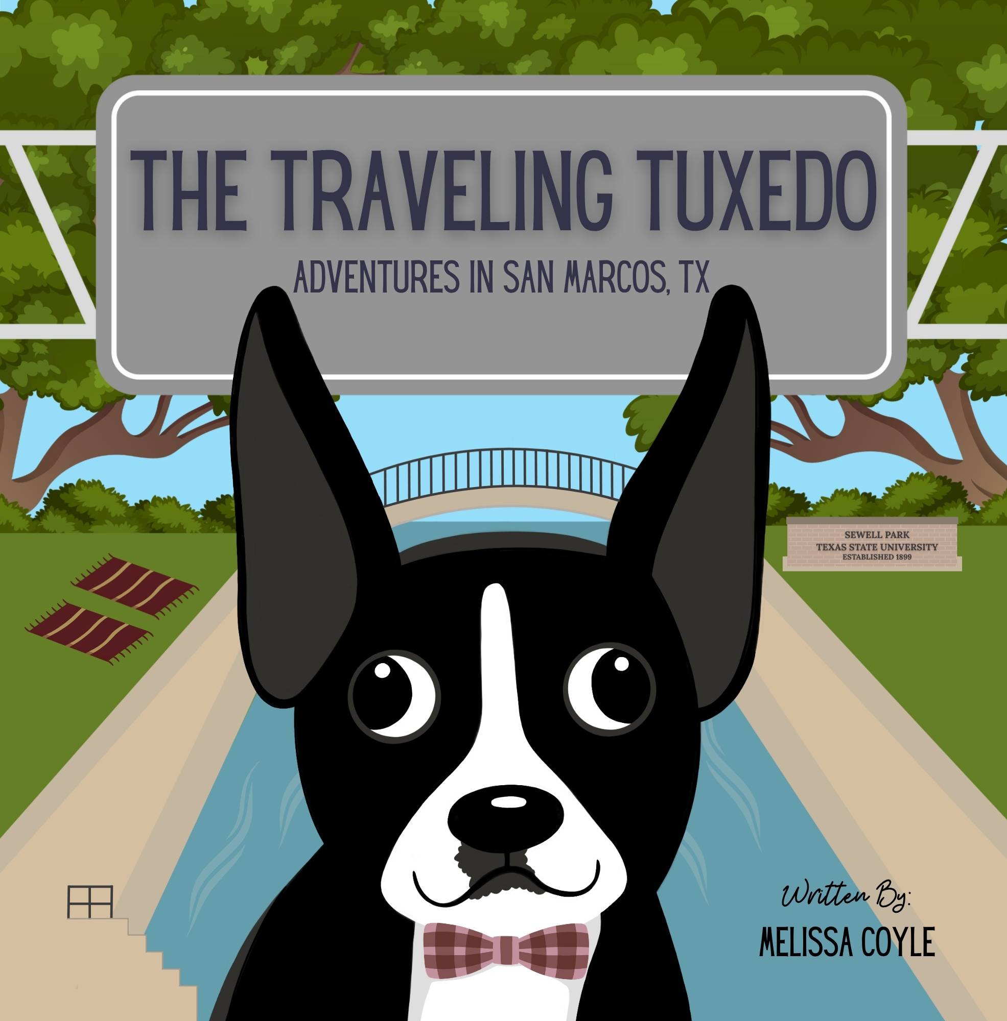 book cover for "The Traveling Tuxedo." it features an illustration of a boston terrier standing in front of a park and river