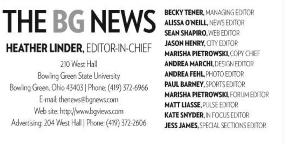 James listed as special sections editor on The BG News masthead, Bowling Green State University.