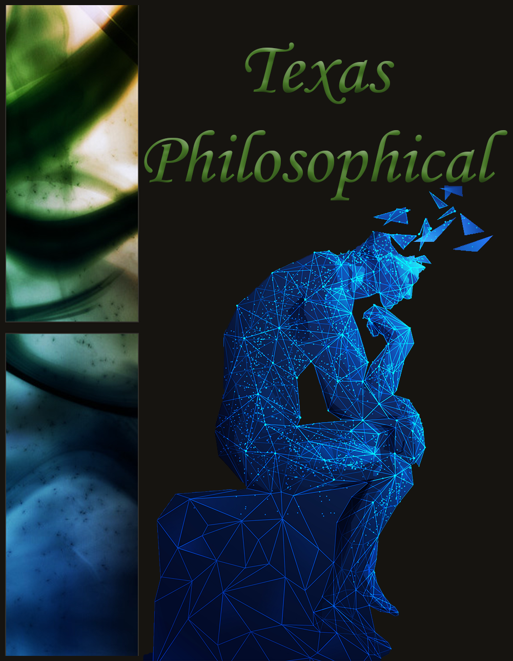 cover of a journal called Texas Philosophical. It is a black background that has a blue crystal man in the same pose as Auguste Rodin's statue the thinker. 