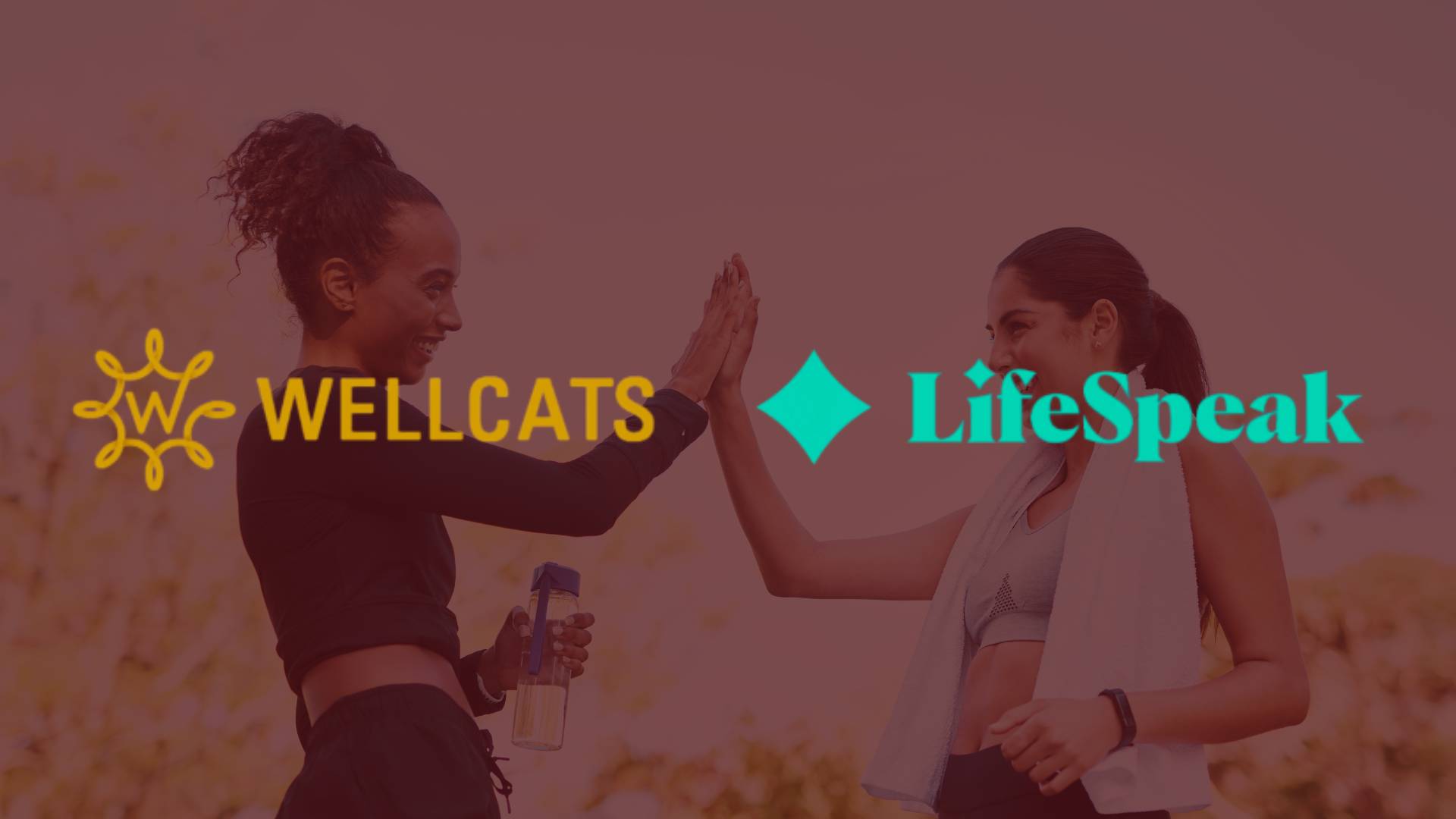 Two women in athletic clothing smile and high-five outdoors while holding water bottles. A maroon overlay covers the image, with the WellCats and LifeSpeak logos displayed across the center.